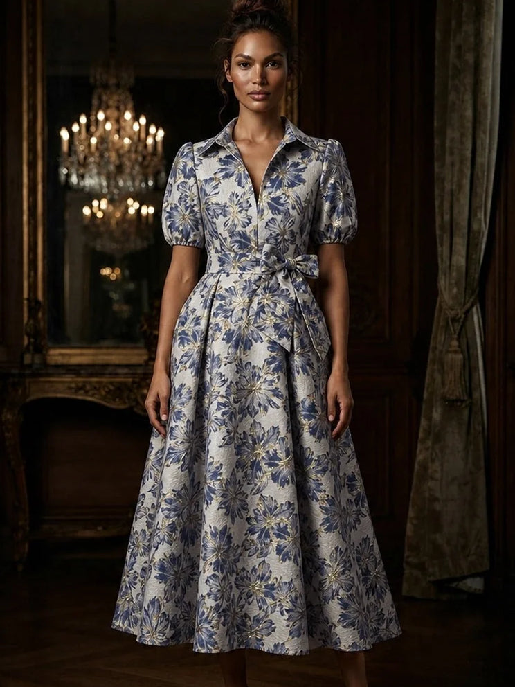 Steel blue floral A-line tea-length dress with V-neck, bow waist, and puff sleeves