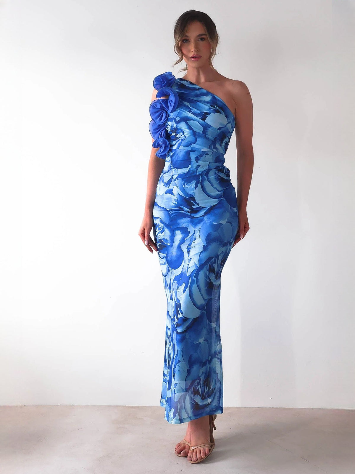Blue sheath maxi formal dress with one-shoulder neckline, full-length front view