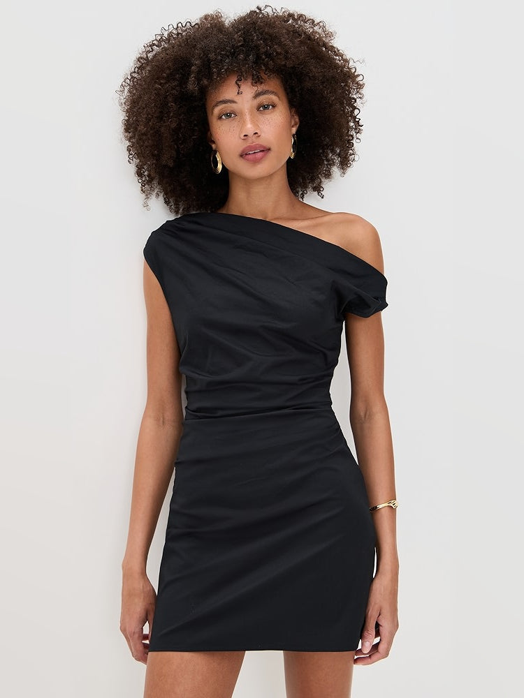 Black one-shoulder mini dress with ruched waist and draped sleeve detail