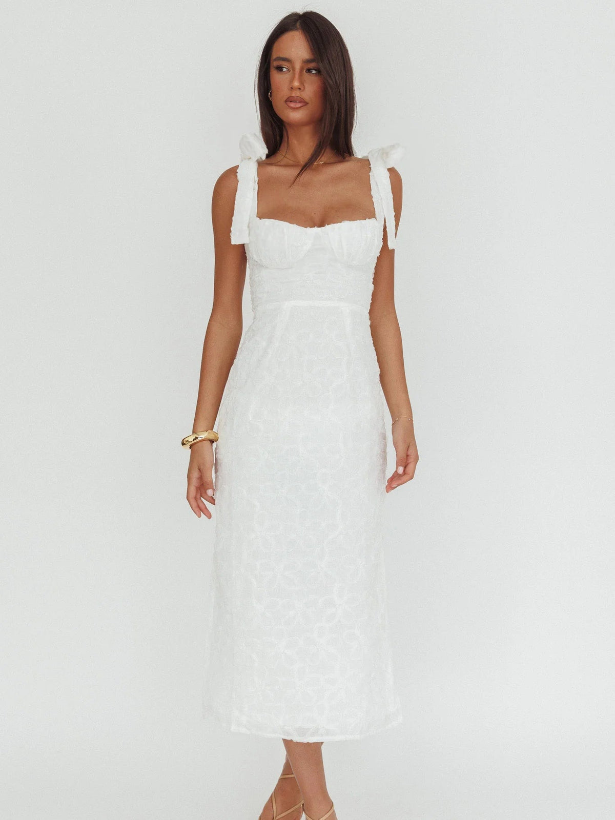White midi formal dress, full-length front view