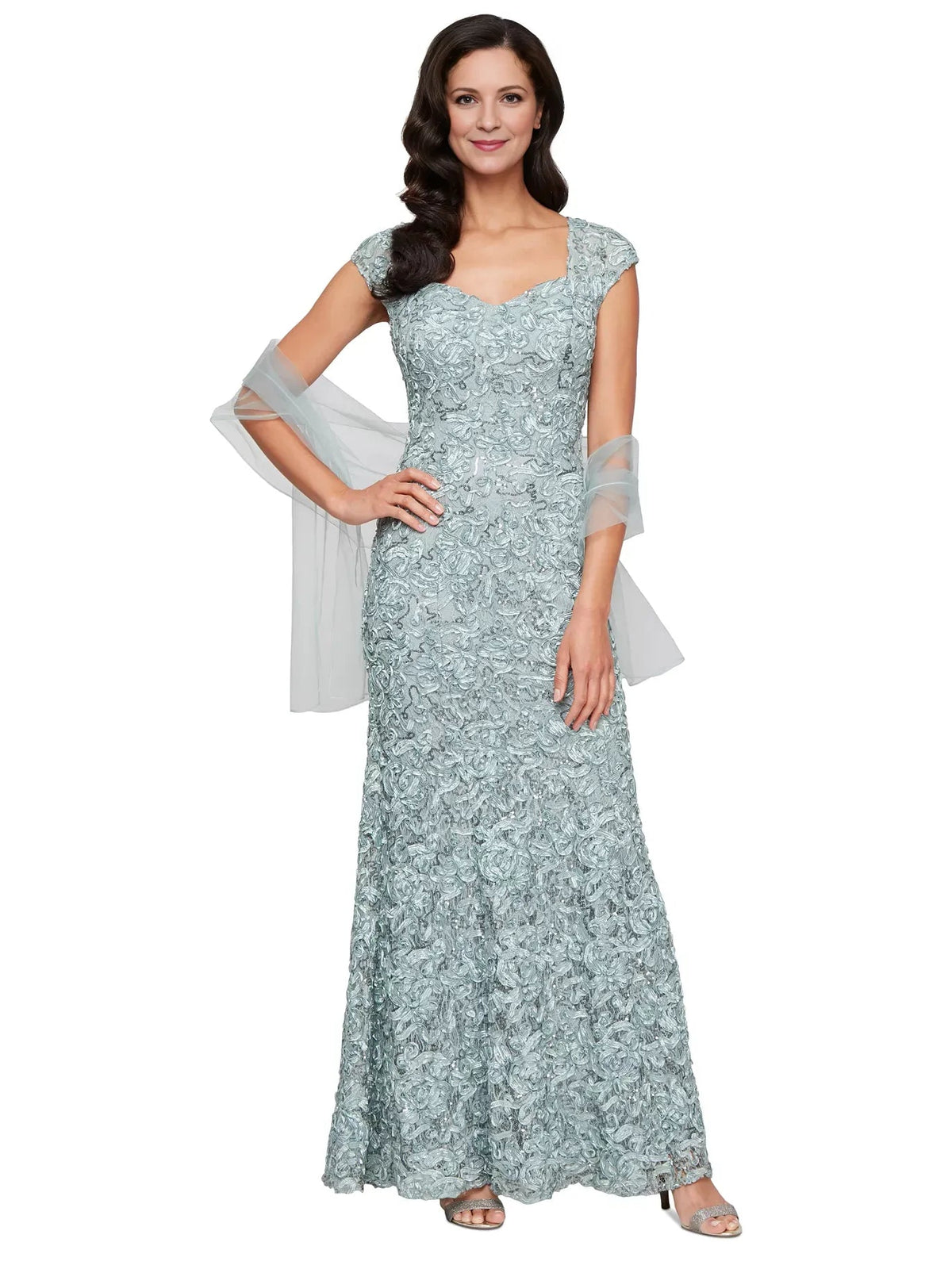 Dusty blue sweetheart mermaid formal dress with cap sleeves and sheer arm drape