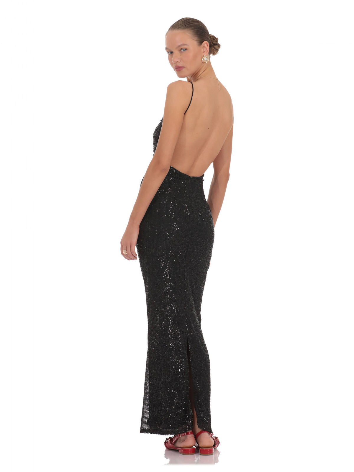 Black bridesmaid dress with bodycon silhouette and maxi length