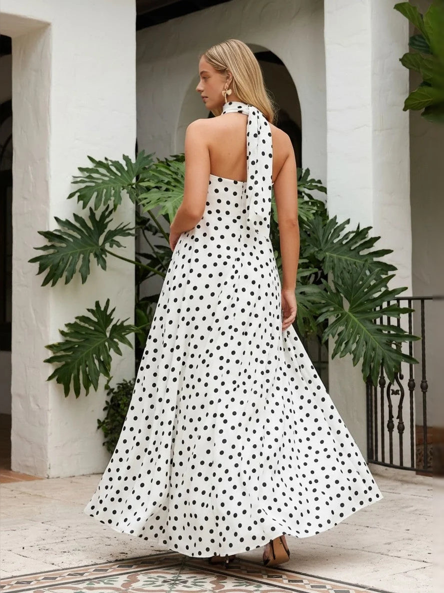 Strapless A-line maxi dress, white with black polka dots and open back straps