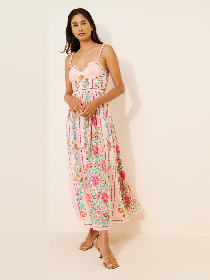 Pink Floral Print midi formal dress, front full-length view showing the neckline