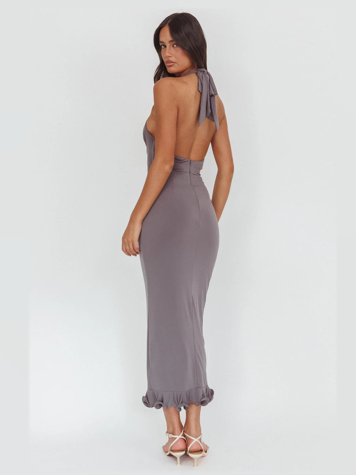 Taupe formal dress with a-line silhouette and maxi length