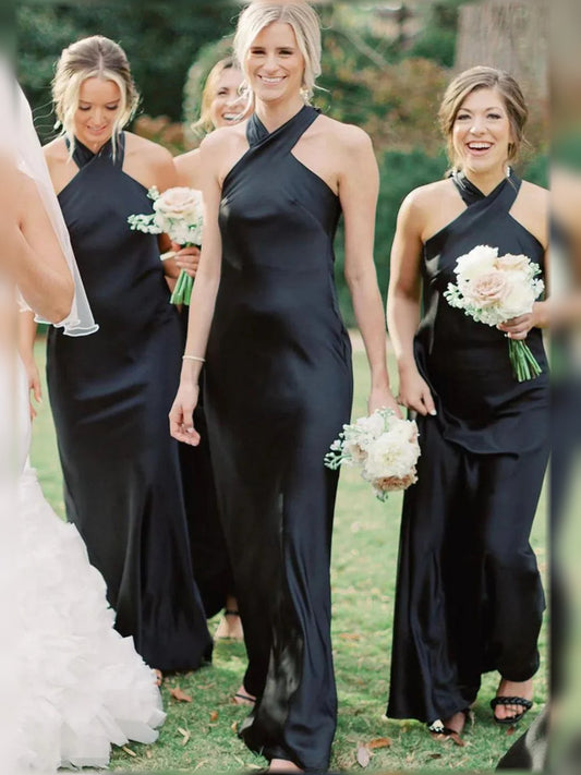 Black satin halter neck floor-length bridesmaid dress with thigh slit