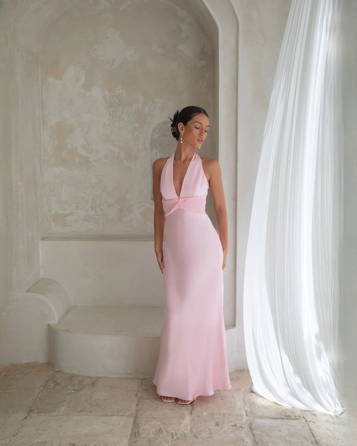 Pale pink satin halter A-line maxi bridesmaid dress with V neckline