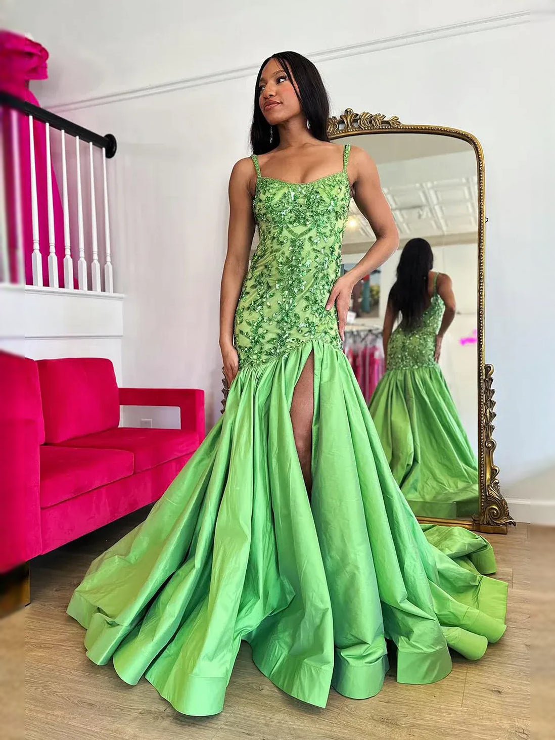 Lime green V-neck mermaid prom dress with beaded floral bodice and side slit skirt