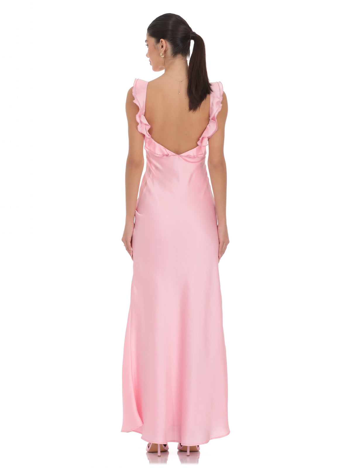 Pink bridesmaid dress with a-line silhouette and maxi length