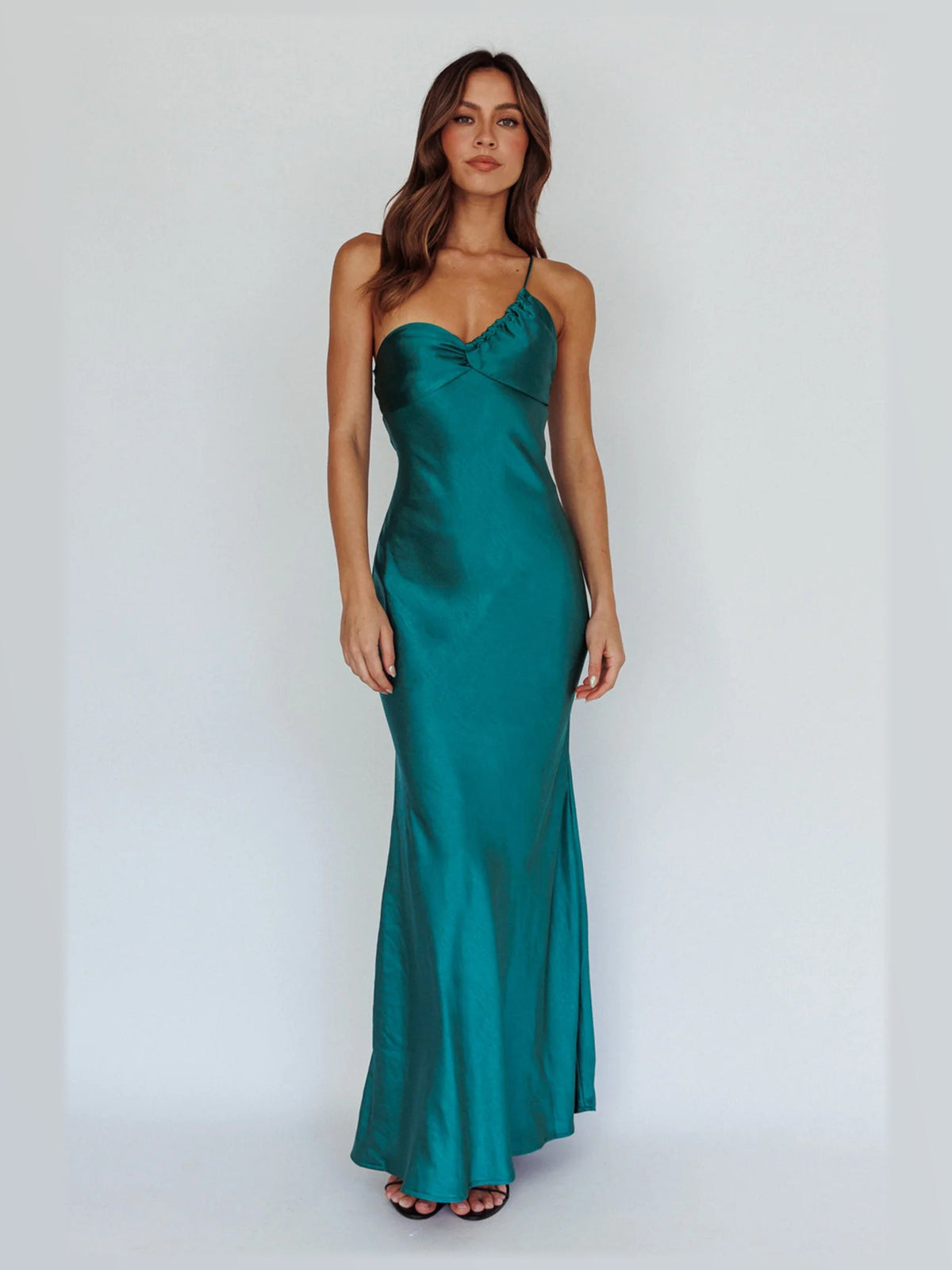 Forest Green maxi formal dress, front full-length view showing the neckline
