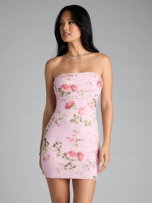 Floral beaded strapless mini homecoming dress in pink with sweetheart neckline