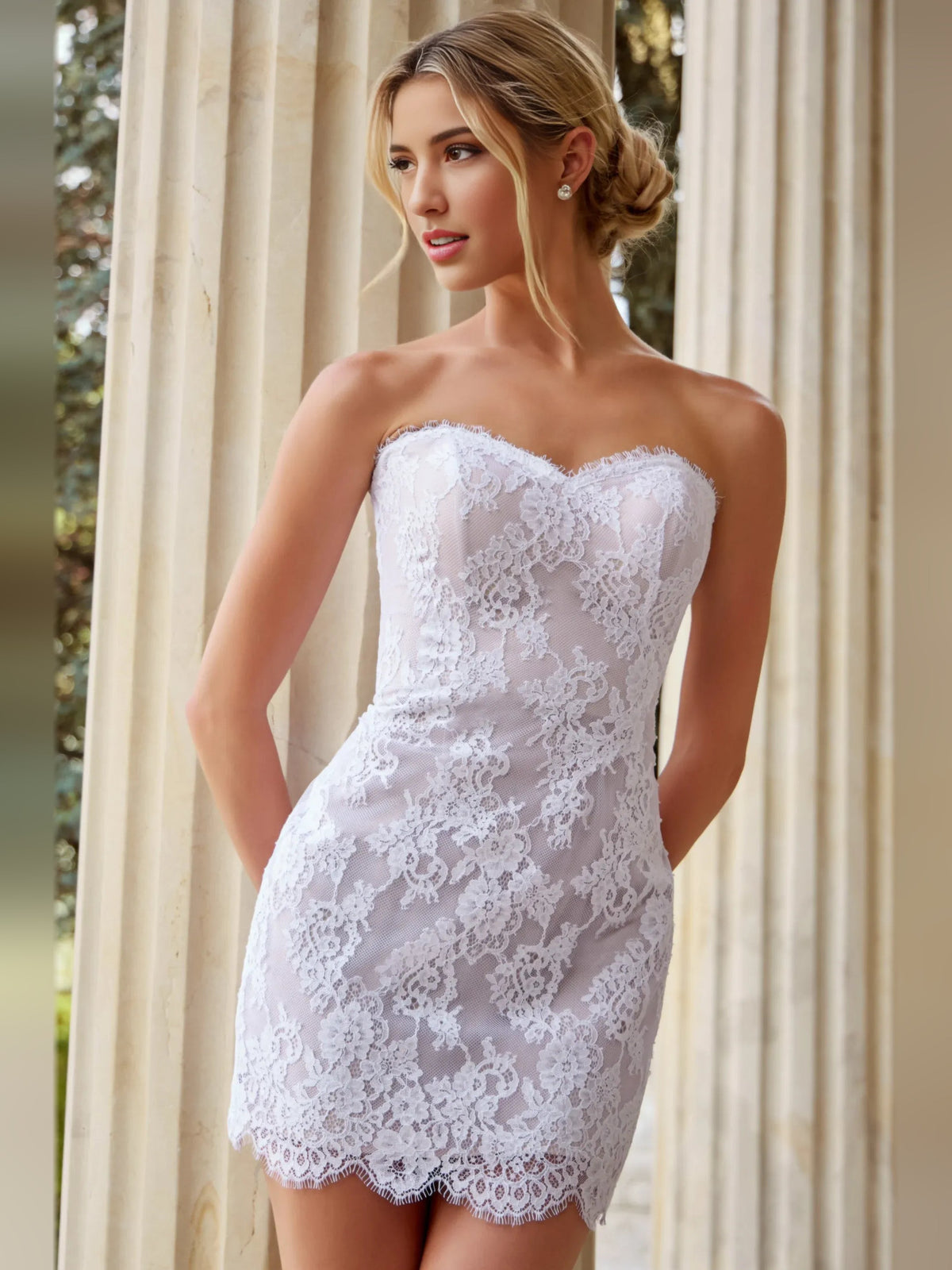 Ivory lace strapless sweetheart bodycon mini dress