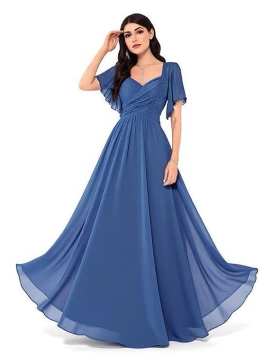 Dusty blue sweetheart A-line chiffon bridesmaid dress with flutter sleeves