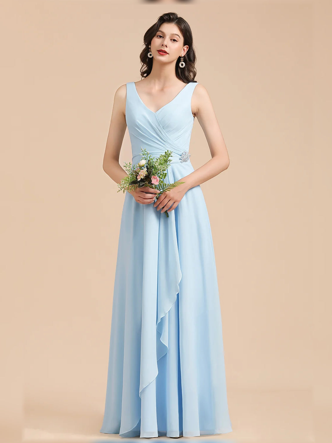Sky blue V-neck A-line chiffon bridesmaid dress with draped waist and layered skirt