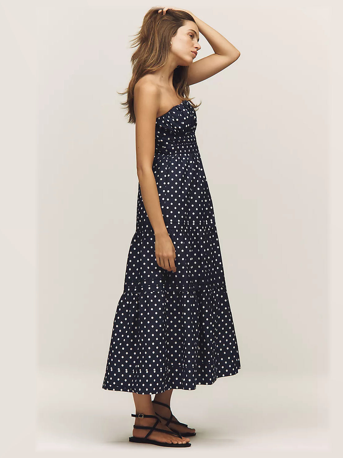 Navy Polka Dot formal dress with a-line silhouette and maxi length