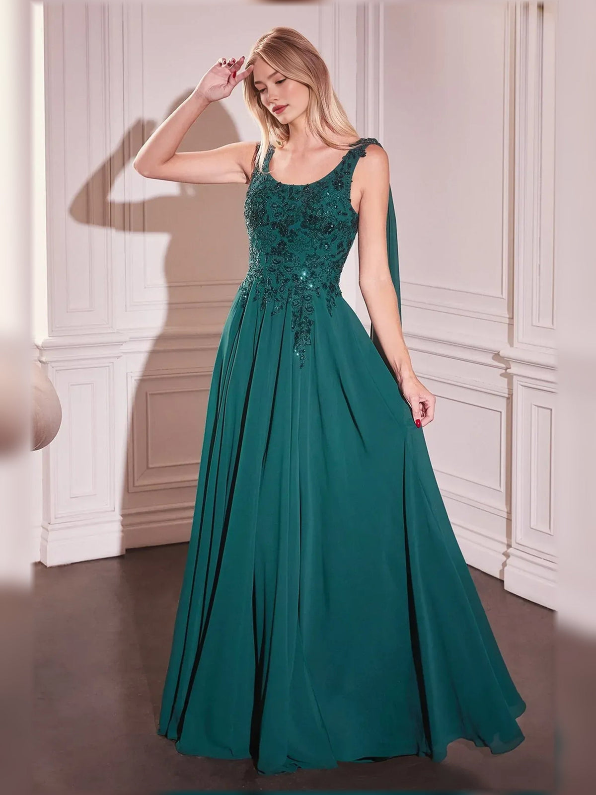 Teal beaded scoop-neck A-line floor-length formal dress, sleeveless with fitted bodice