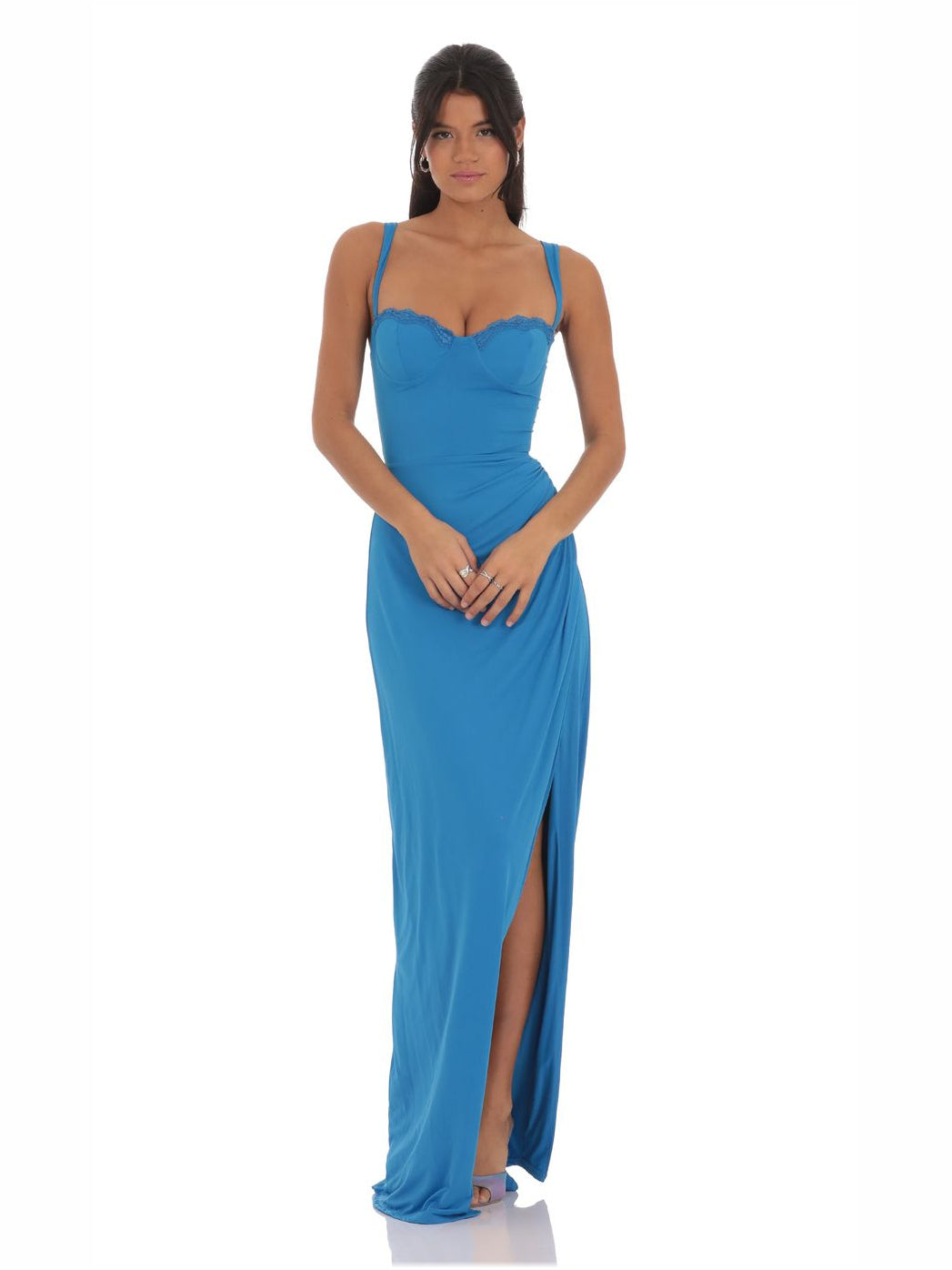 Bright Blue sheath maxi formal dress with sweetheart neckline, full-length front view