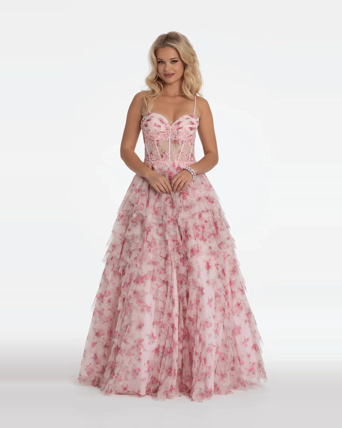 Pink corset sweetheart ball-gown prom dress with floral tulle skirt and lace bodice