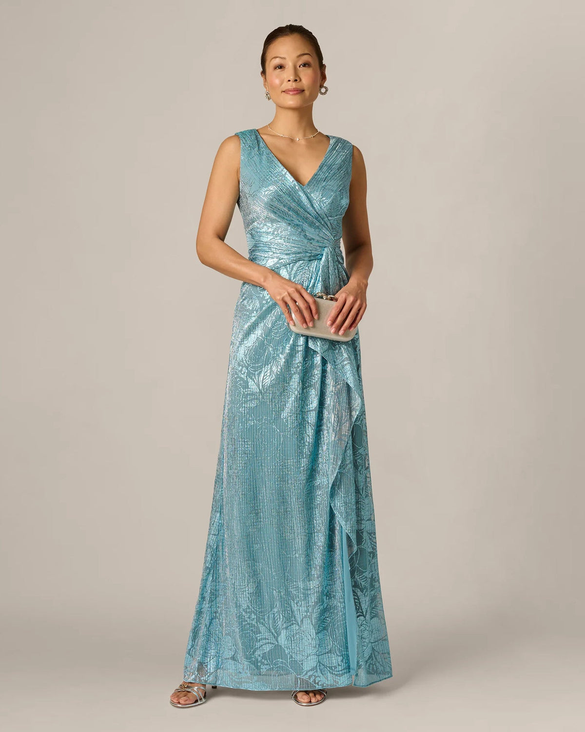 Teal floral print draped A-line maxi dress with V-neck and sleeveless bodice