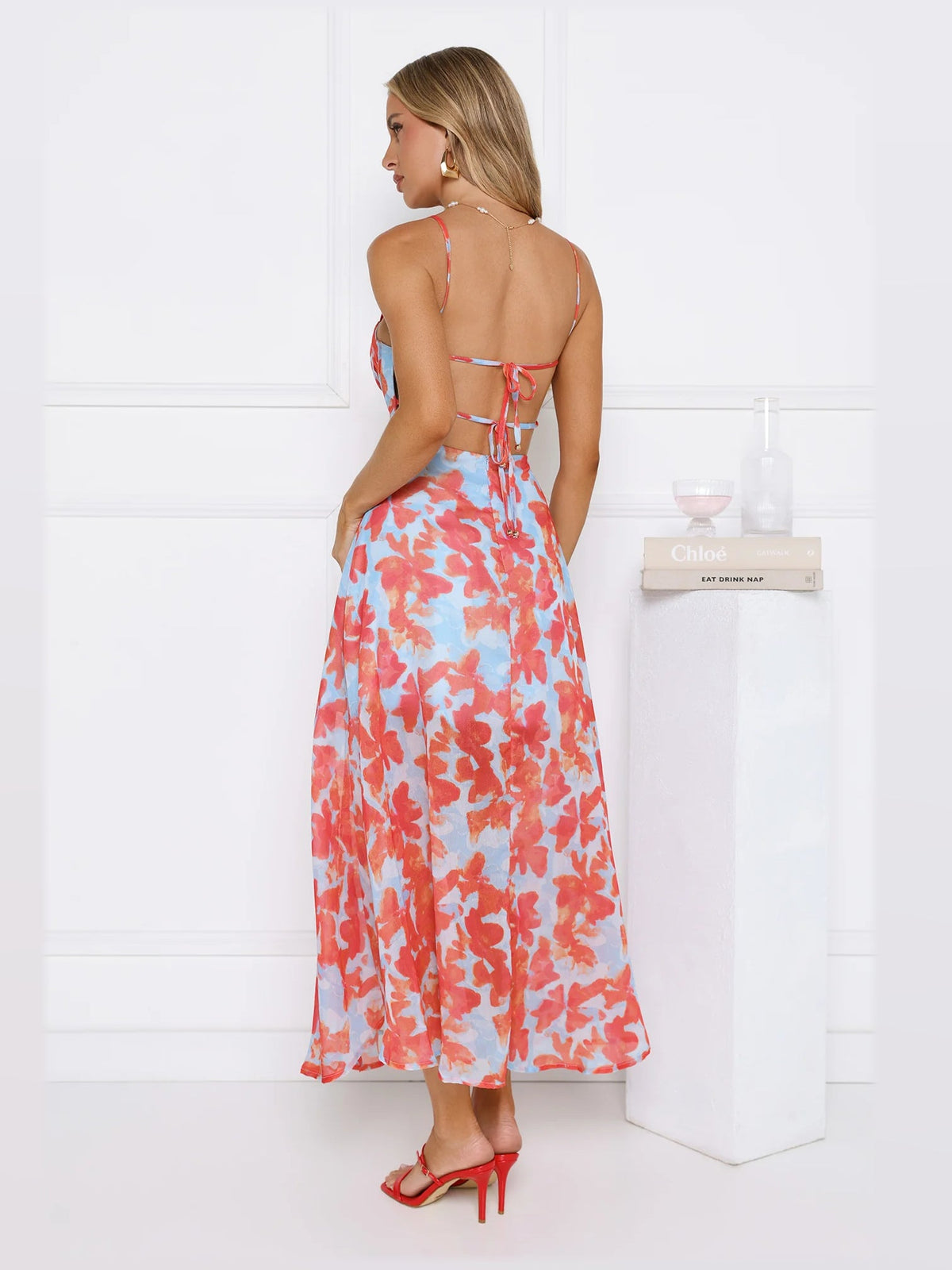 Blue formal dress with a-line silhouette and maxi length