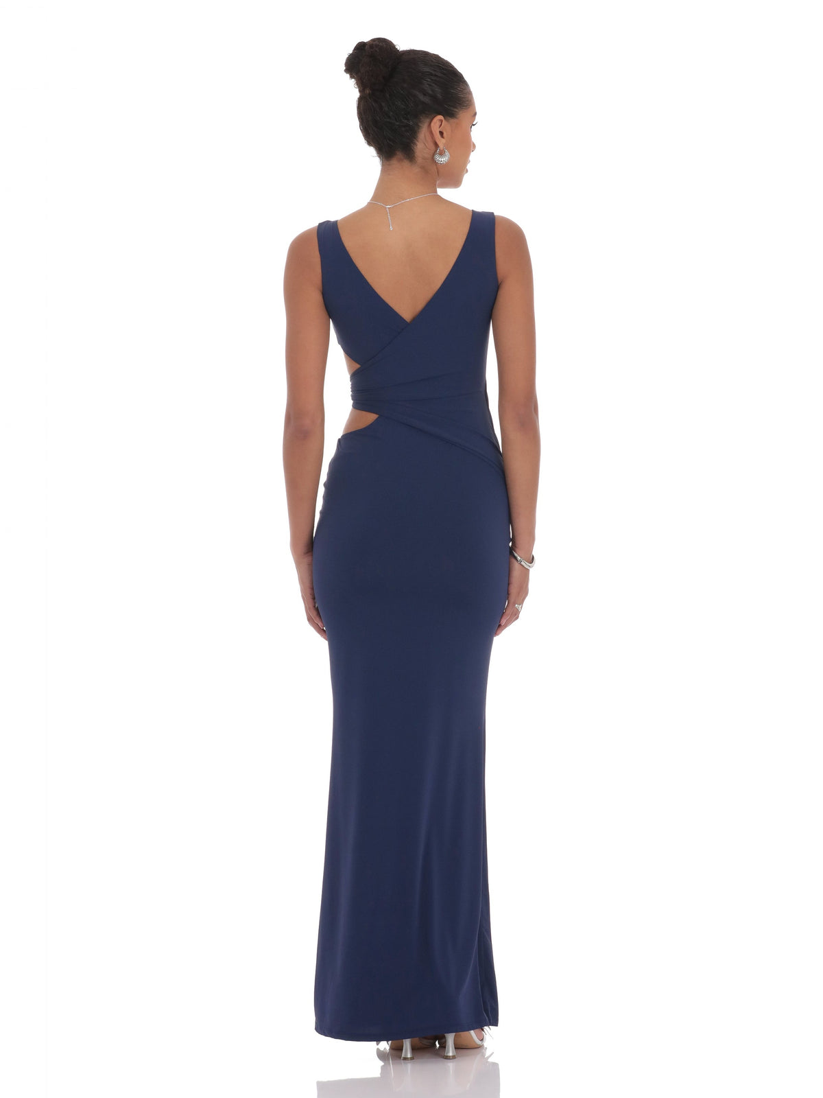 Navy maxi bridesmaid dress with V-back and sleeveless cut-out A-line silhouette