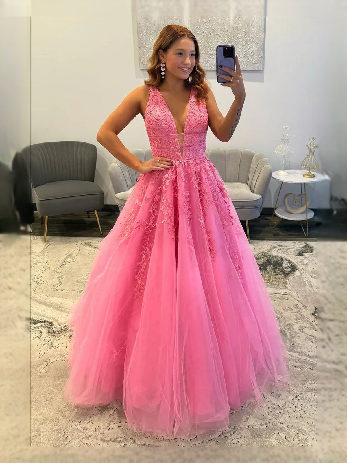 Pink V-neck A-line tulle prom dress with floral lace bodice and full skirt