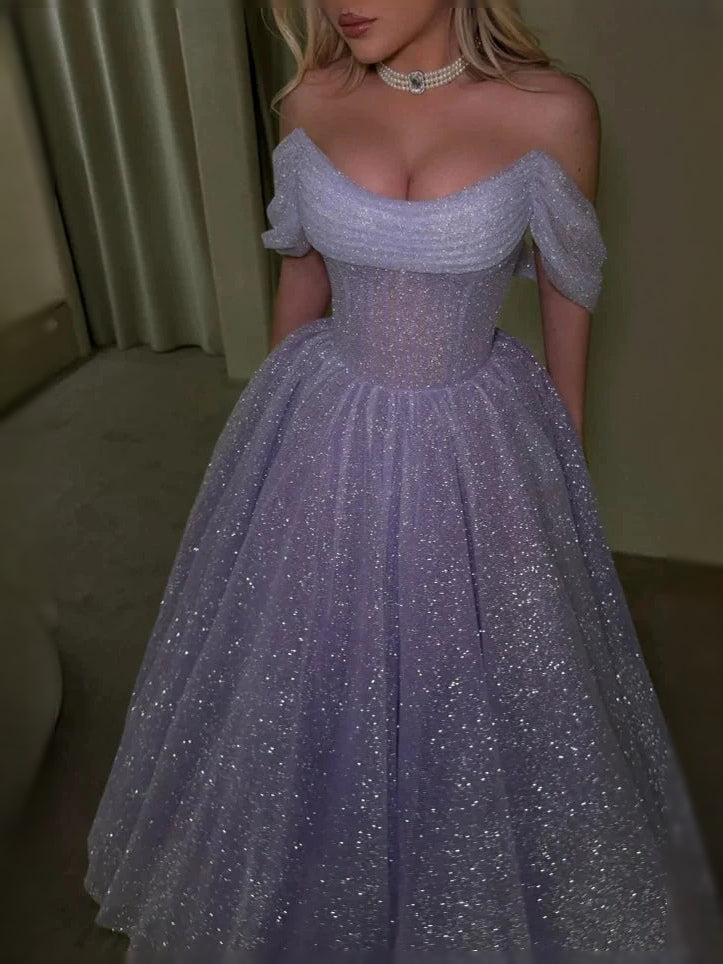 Light purple off-shoulder corset ball gown with ruffled tulle skirt