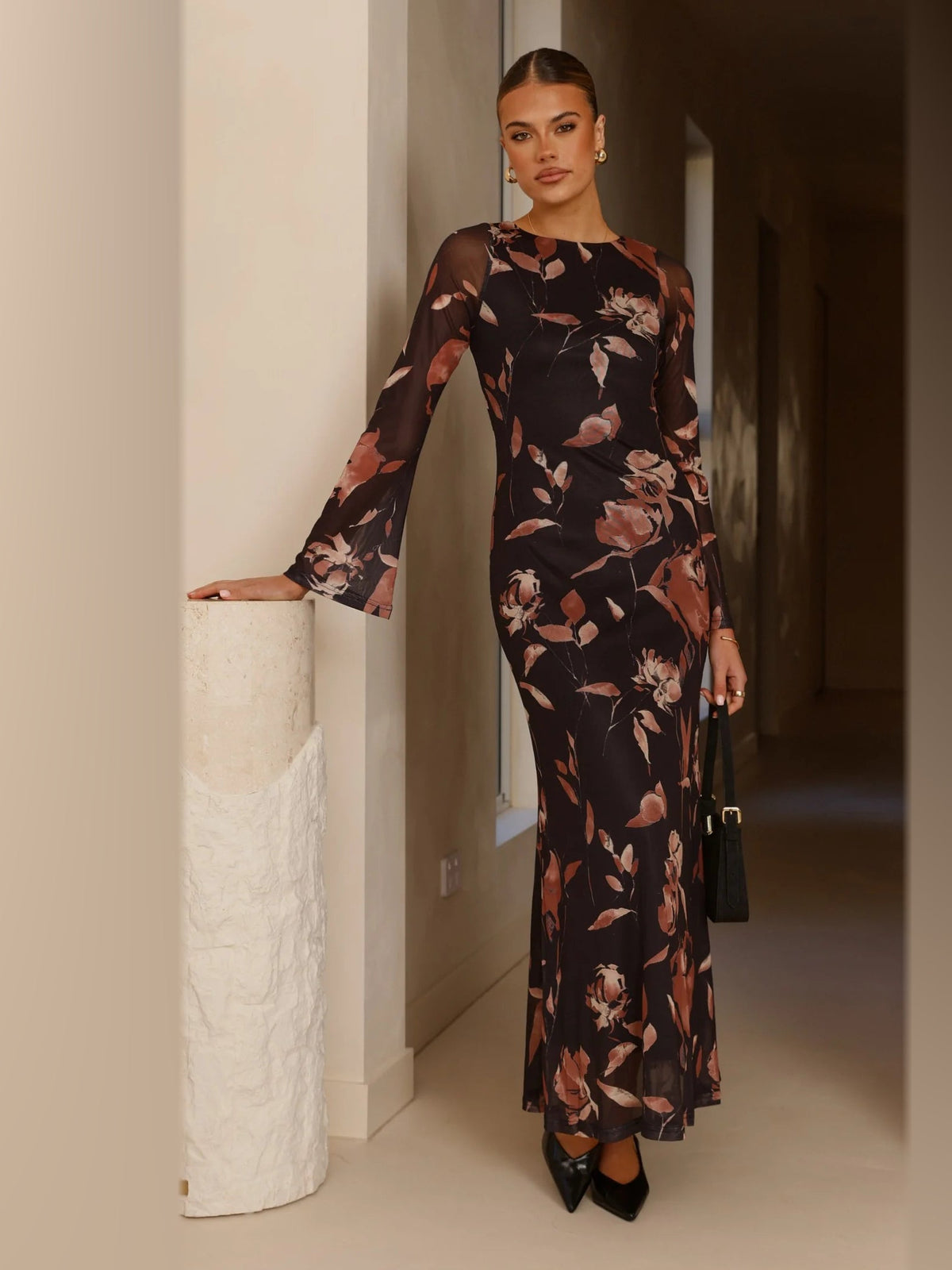 Black Floral Print maxi formal dress, front full-length view showing the neckline