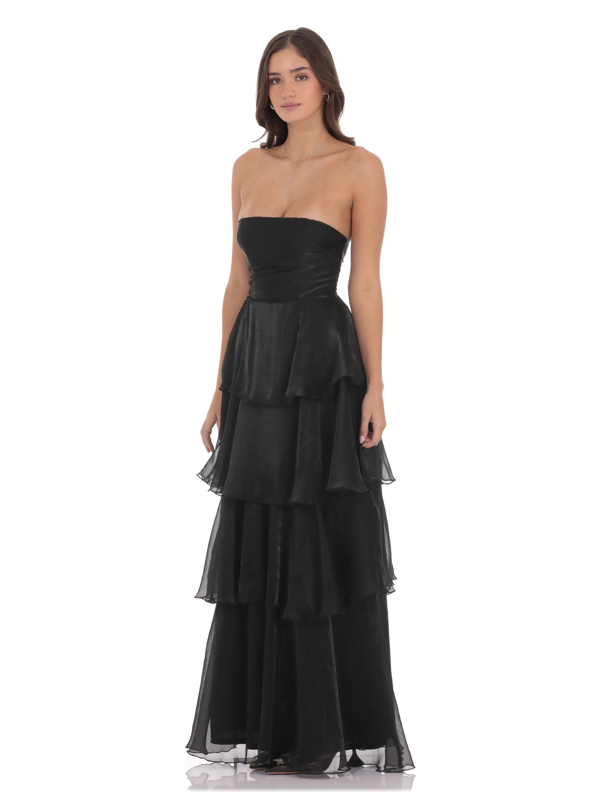 Black bridesmaid dress with a-line silhouette and maxi length