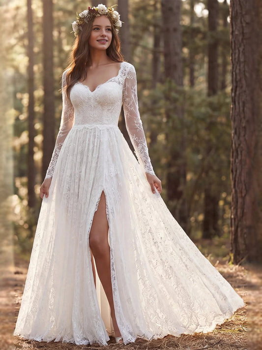 Ivory lace A-line wedding dress with long sheer sleeves and front slit