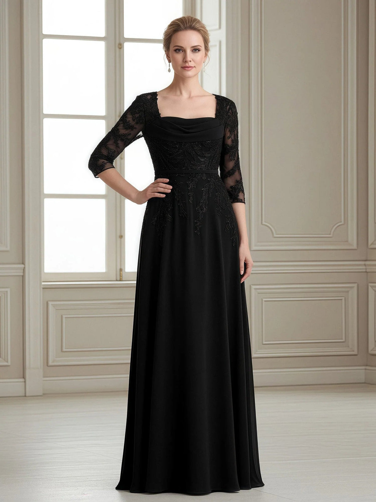 Black A-line formal dress with lace 3/4 sleeves and square neckline, chiffon drape