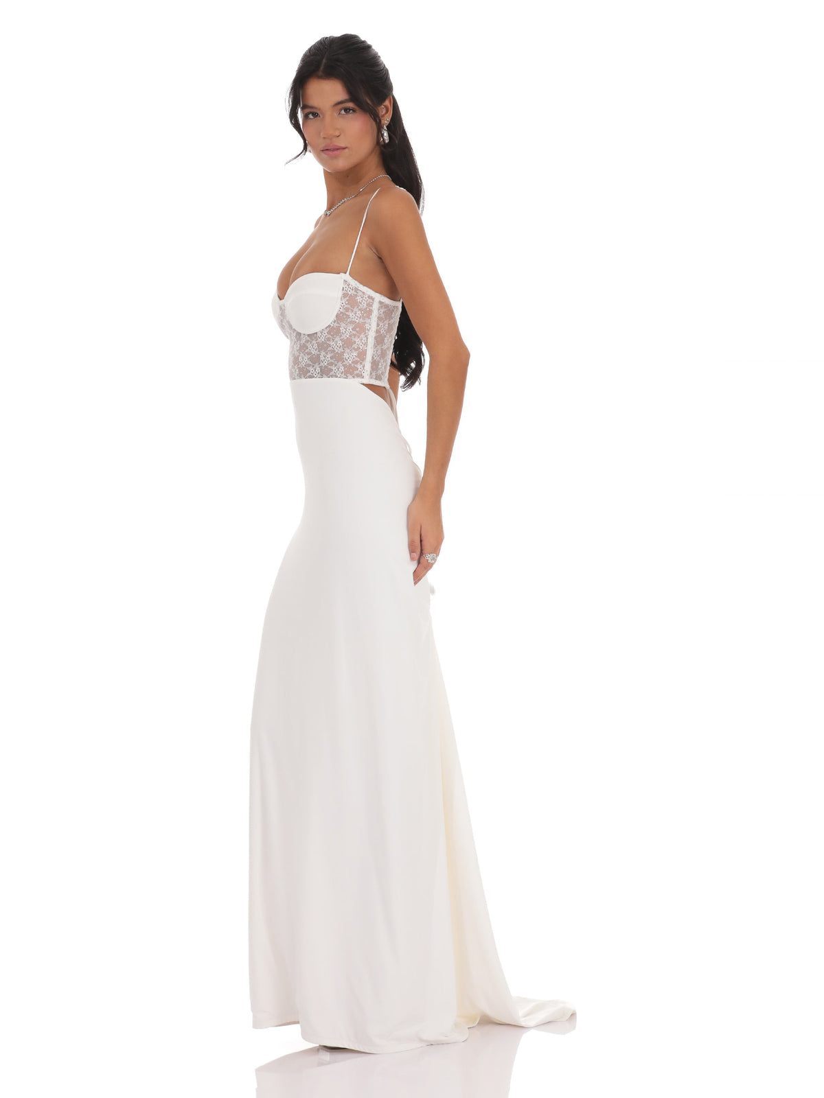 White bridesmaid dress with a-line silhouette and maxi length