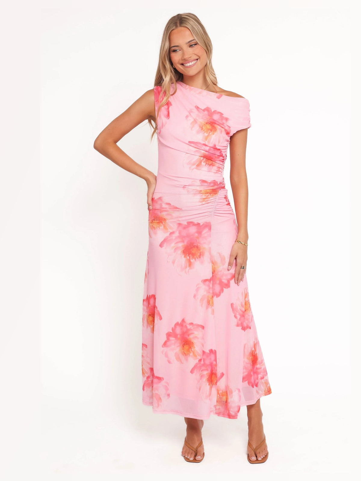 Red formal dress with a-line silhouette and maxi length