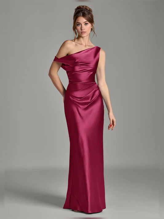 Off-shoulder satin mermaid dress in burgundy, floor-length with fitted drape