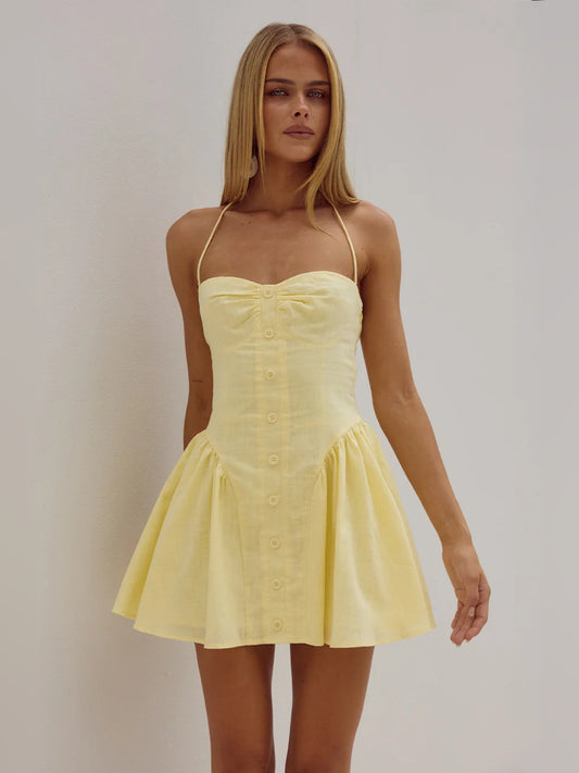 Lemon sweetheart A-line mini dress with spaghetti straps and buttoned bodice