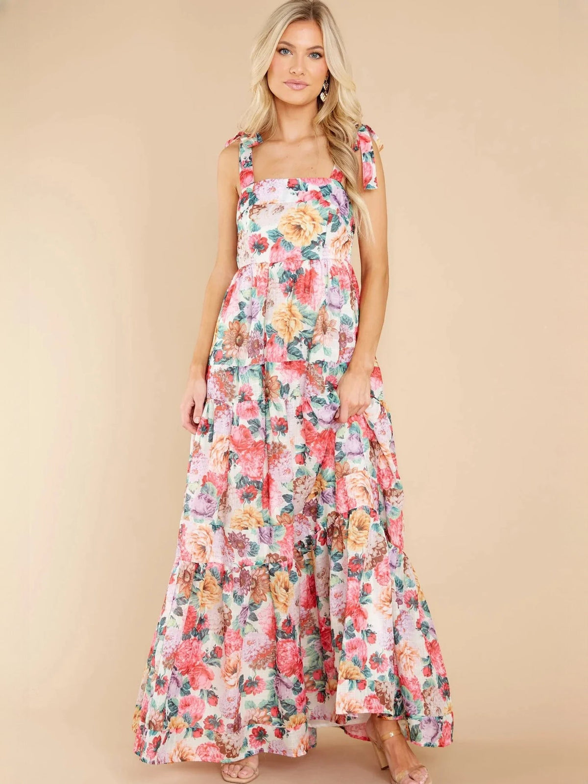 Ivory Multicolor Floral Print a-line maxi formal dress with square neckline, full-length front view