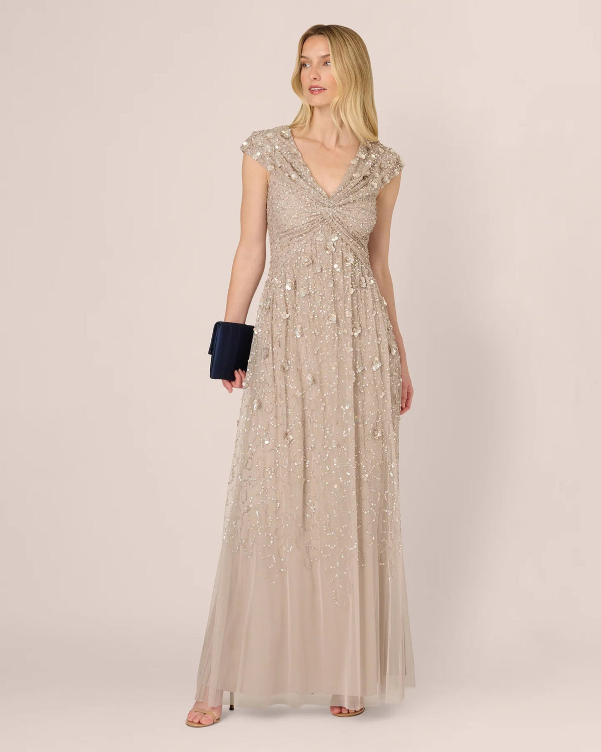 Silver cap-sleeve A-line maxi dress with V-neck and floral sequin embellishment