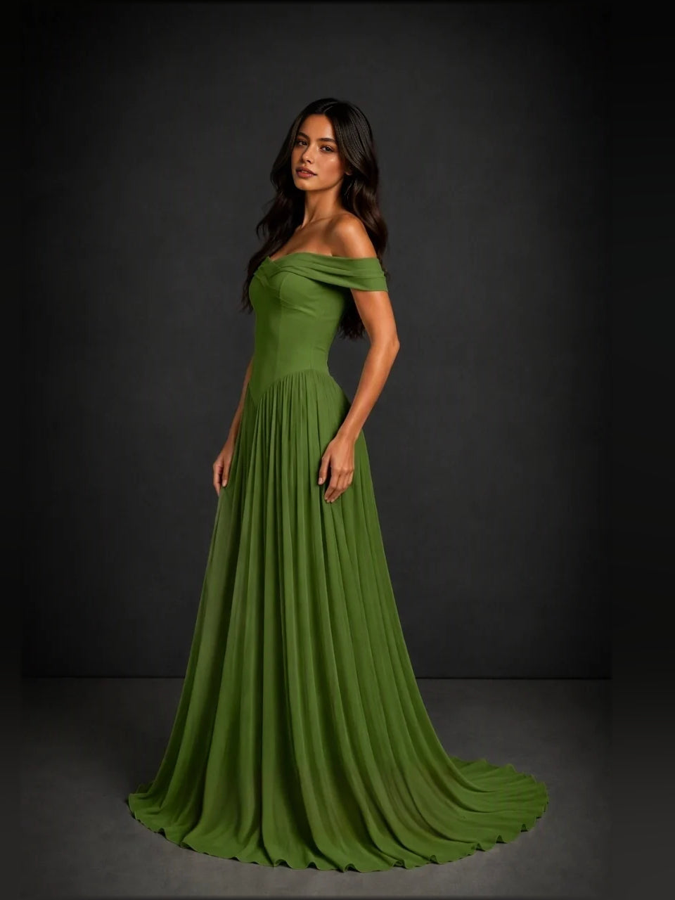 Sage green off-shoulder draped corset A-line bridesmaid dress, floor length