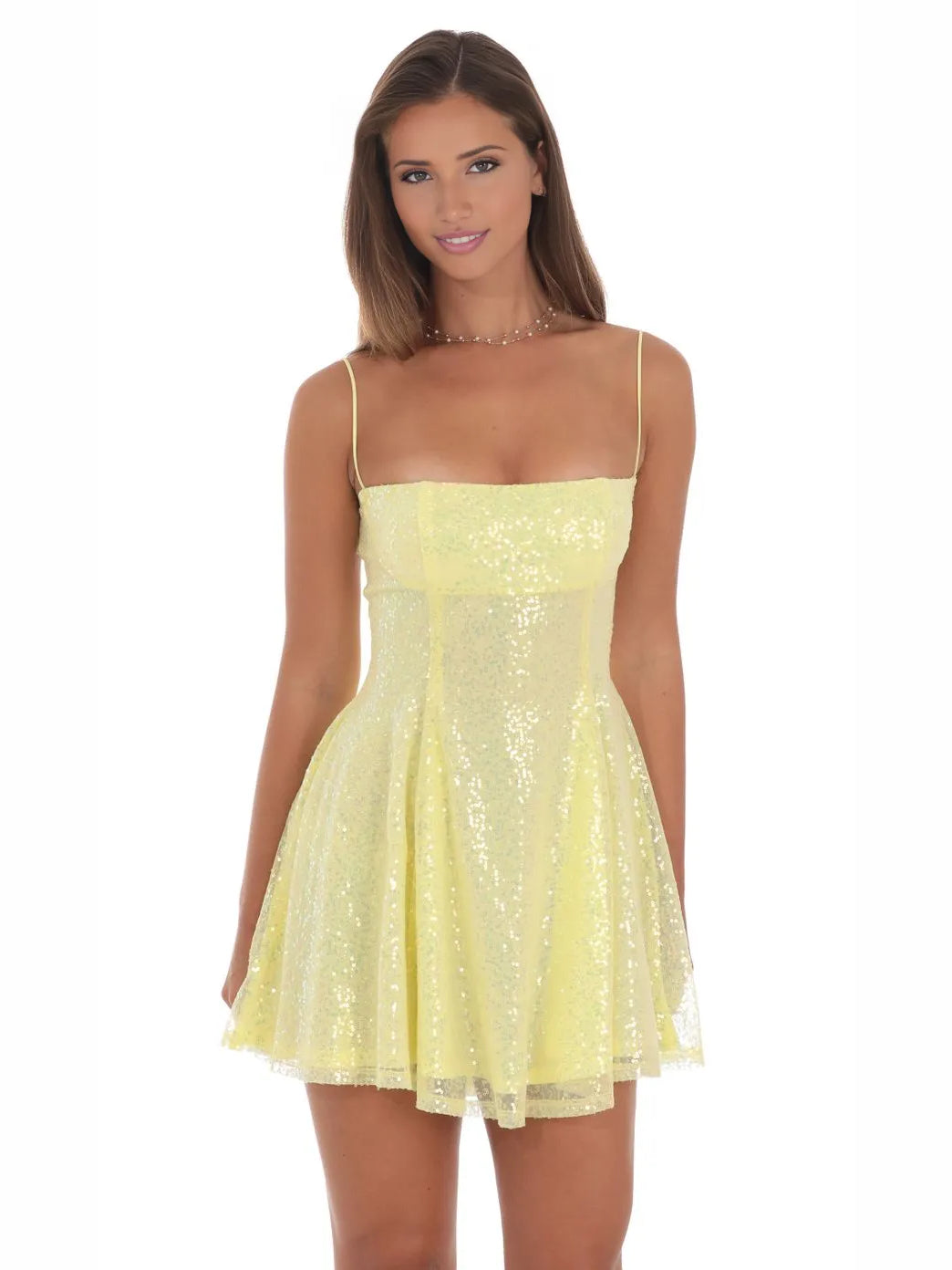 Pale lemon sequin mini A-line dress with square neckline and spaghetti straps