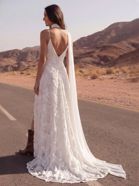 Ivory V-neck A-line wedding dress with open back and floral lace appliques