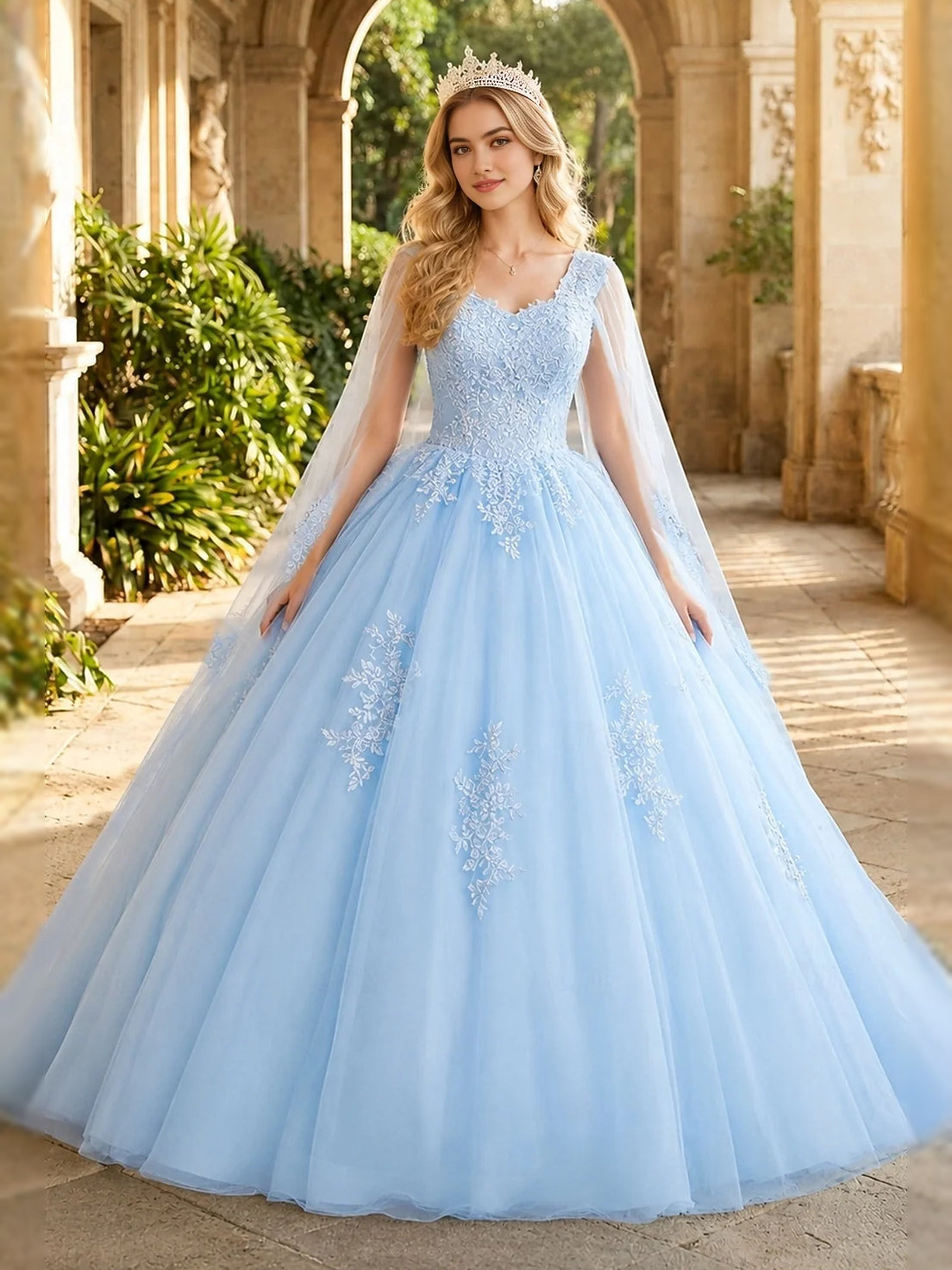Light blue V-neck ball gown with sheer long sleeves and floral lace appliques