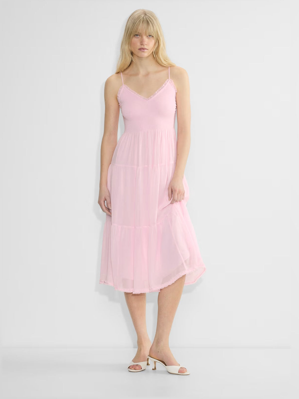 Pink chiffon tiered midi formal dress with V-neck and spaghetti straps