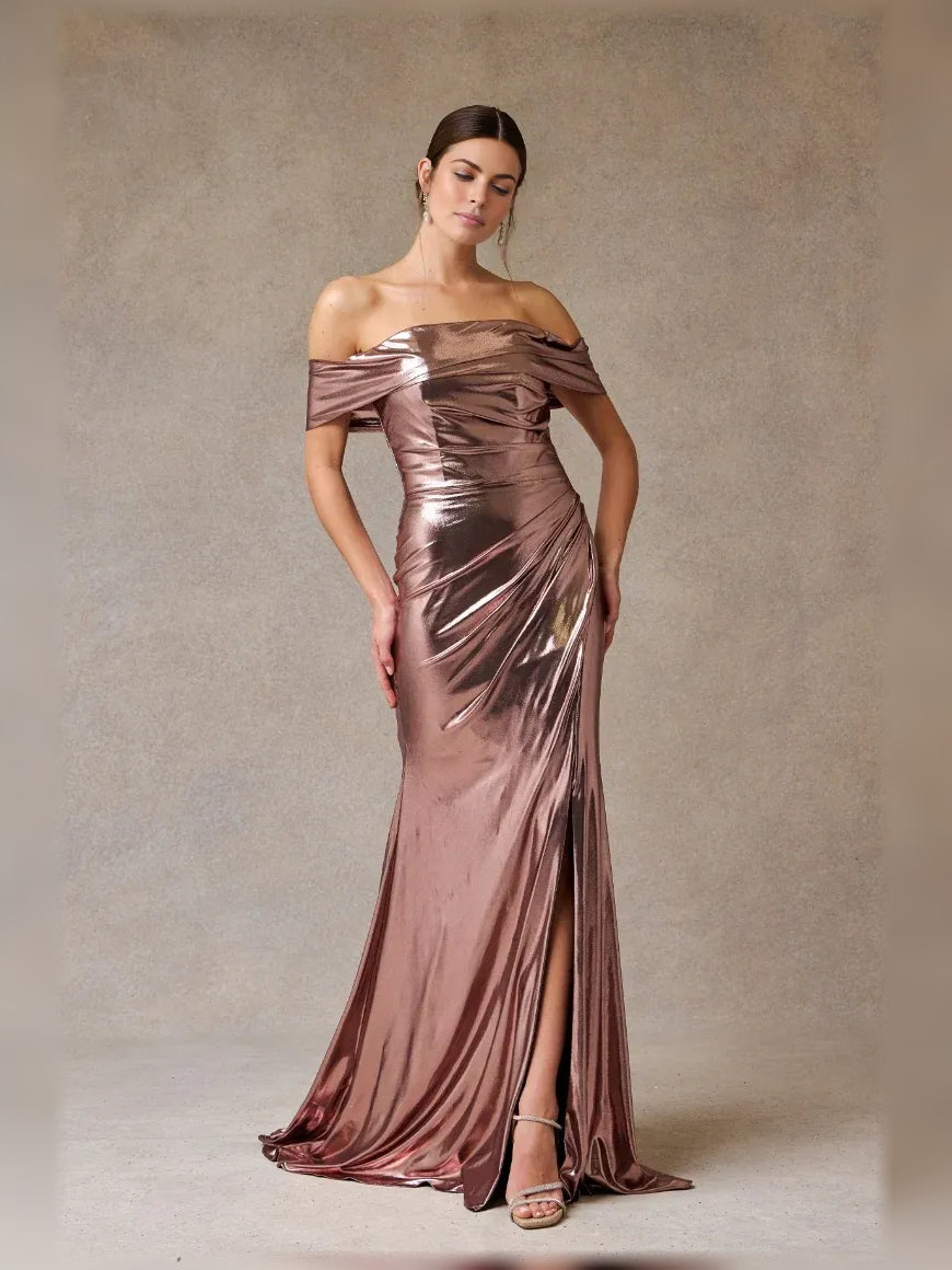 Rose-gold metallic off-shoulder formal dress with ruching, short sleeves, floor length