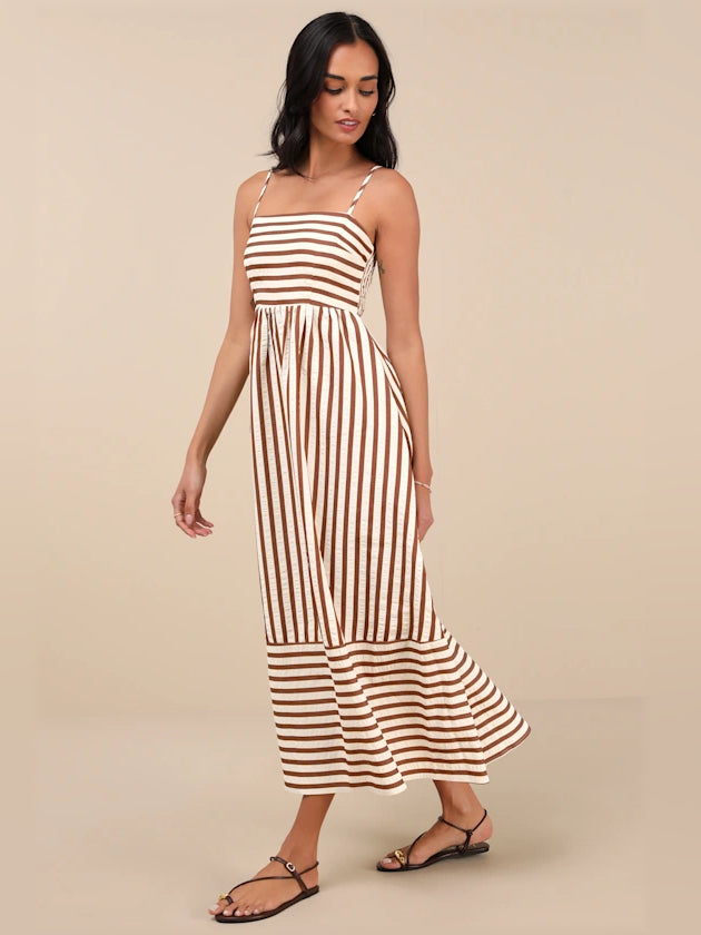 Brown striped cutout midi dress with spaghetti straps and tiered hem