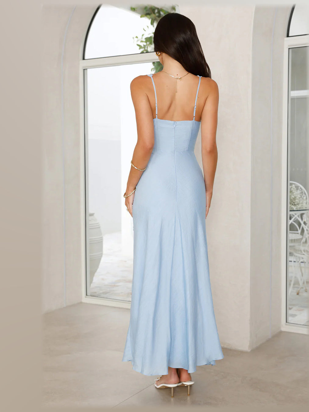 Blue formal dress with a-line silhouette and maxi length