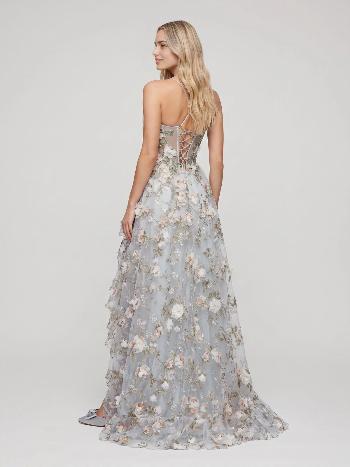 Light purple floral tulle corset prom dress with sweetheart neckline and side slit