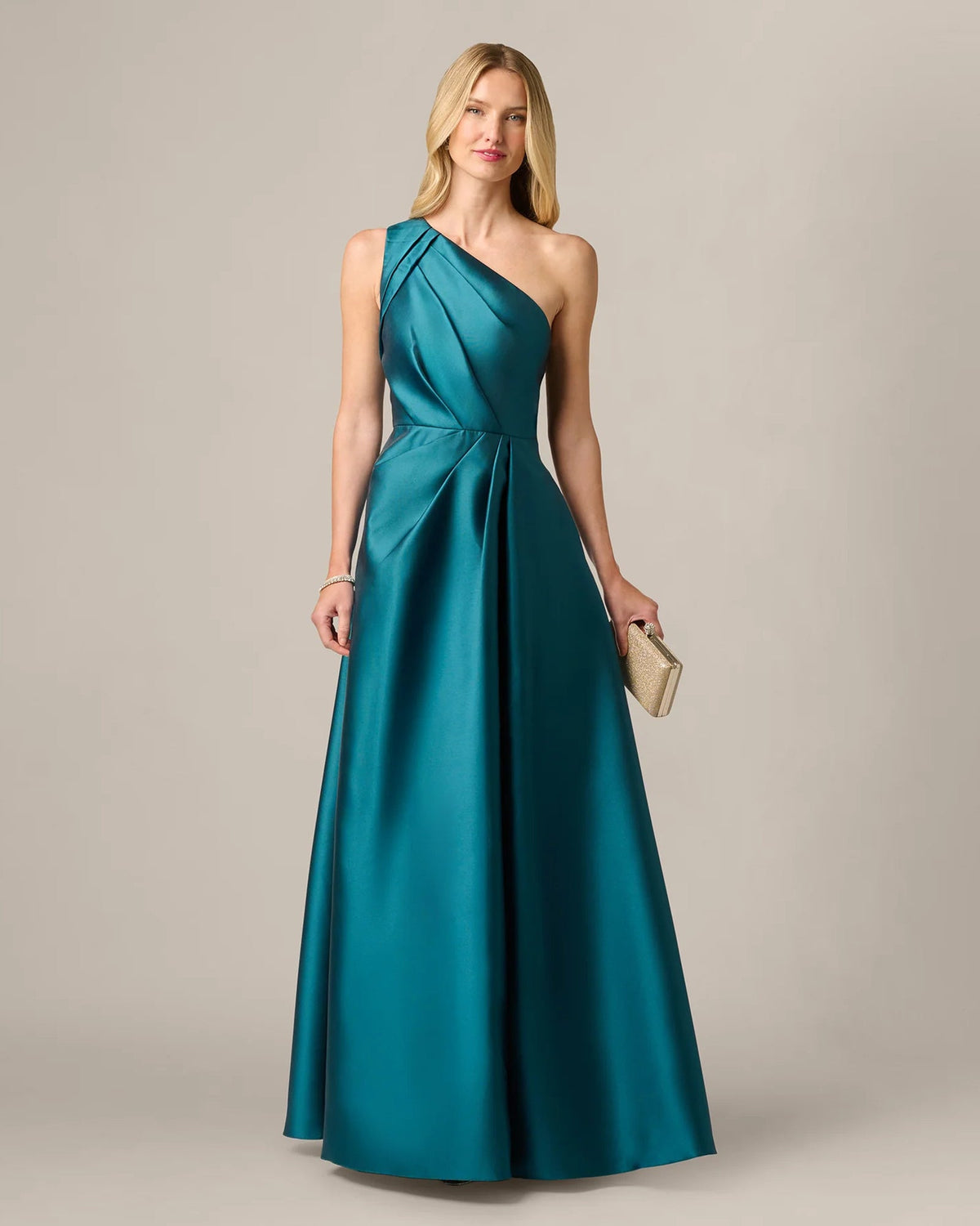 Teal one-shoulder pleated A-line maxi dress with draped waist and sleeveless bodice.