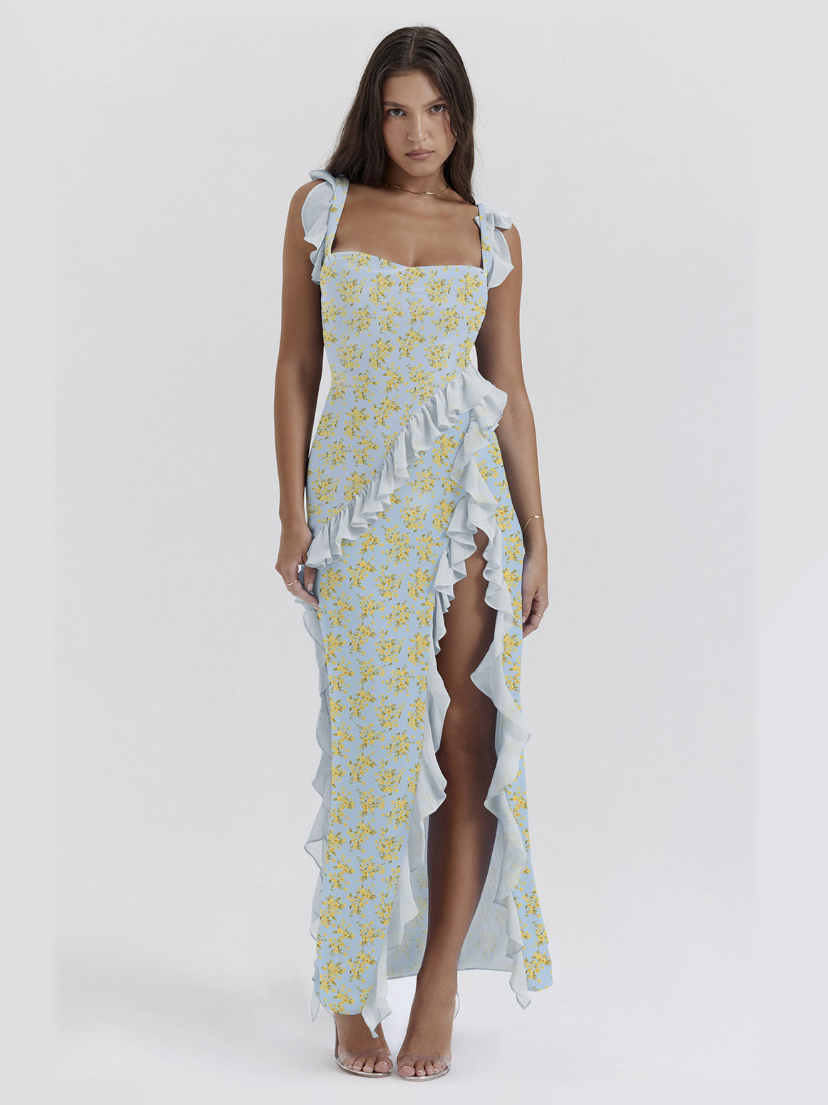 Blue maxi formal dress, front full-length view showing the neckline