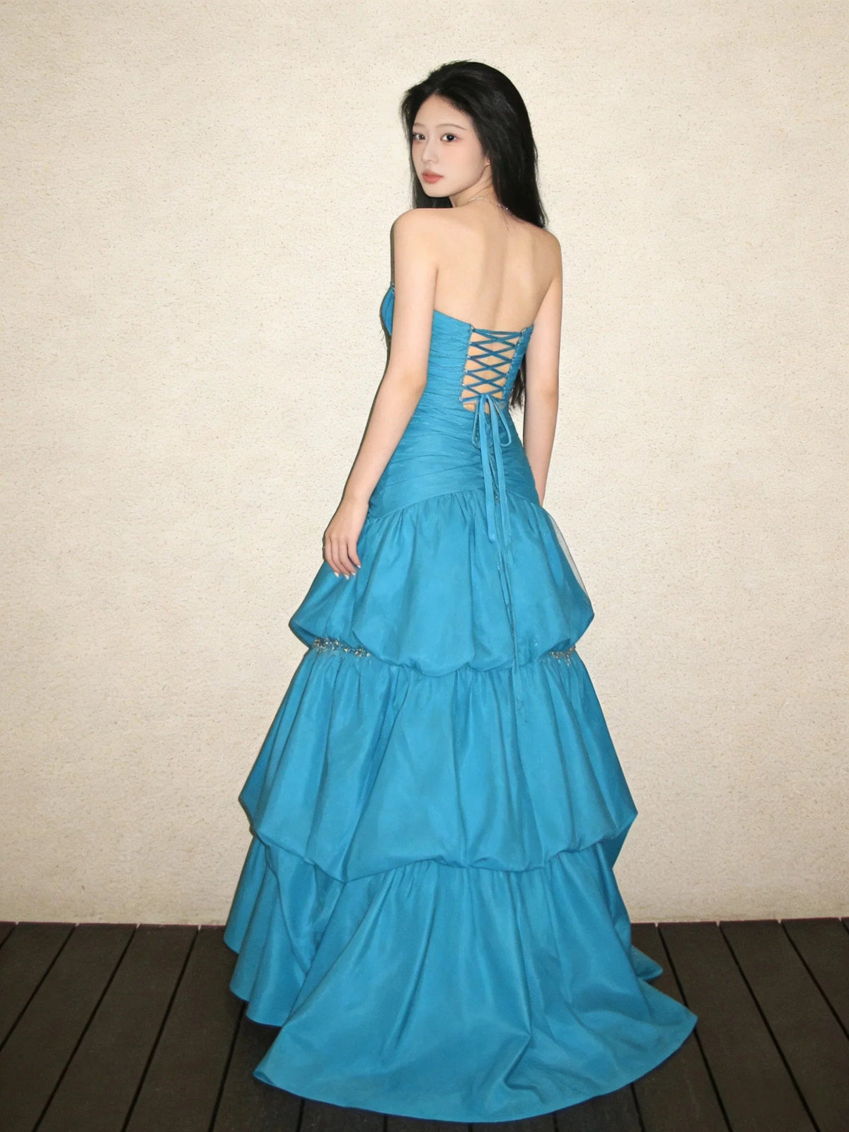 Teal blue satin sweetheart maxi prom dress, ruched bodice and tiered A-line skirt