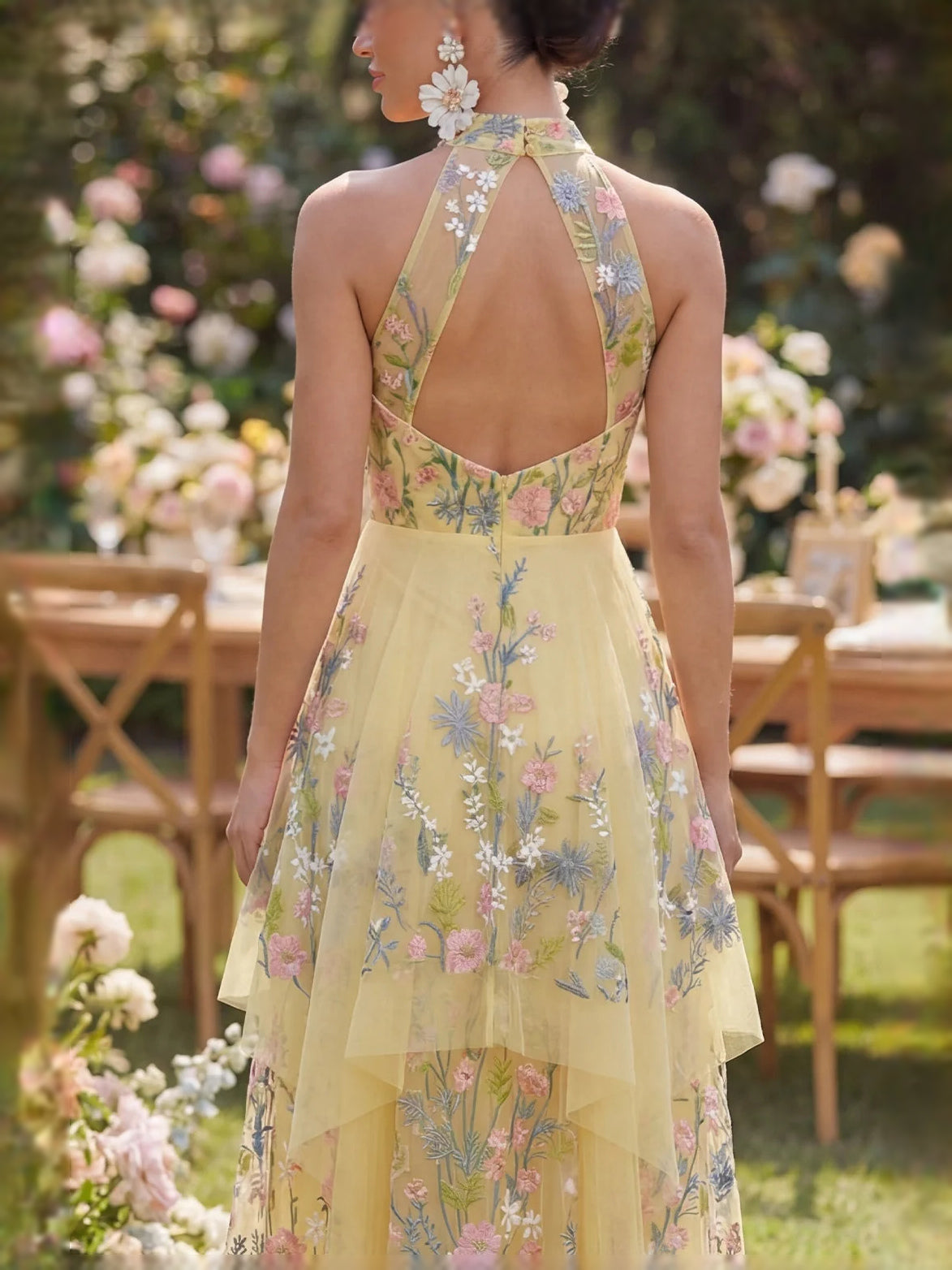 Yellow tulle halter midi prom dress with floral embroidery and open-back detail